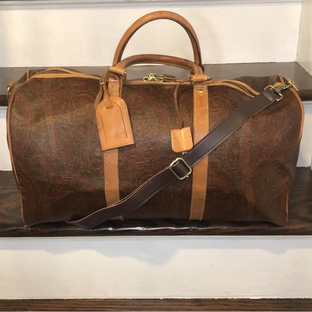 ETRO MILANO Paisley Coated Canvas Vachetta Leather Boston Shoulder Weekend Bag